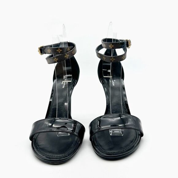 LOUIS VUITTON Fluer Call Back Black Sandal Heels Size 39 Logo Leather Monogram - Picture 4 of 13